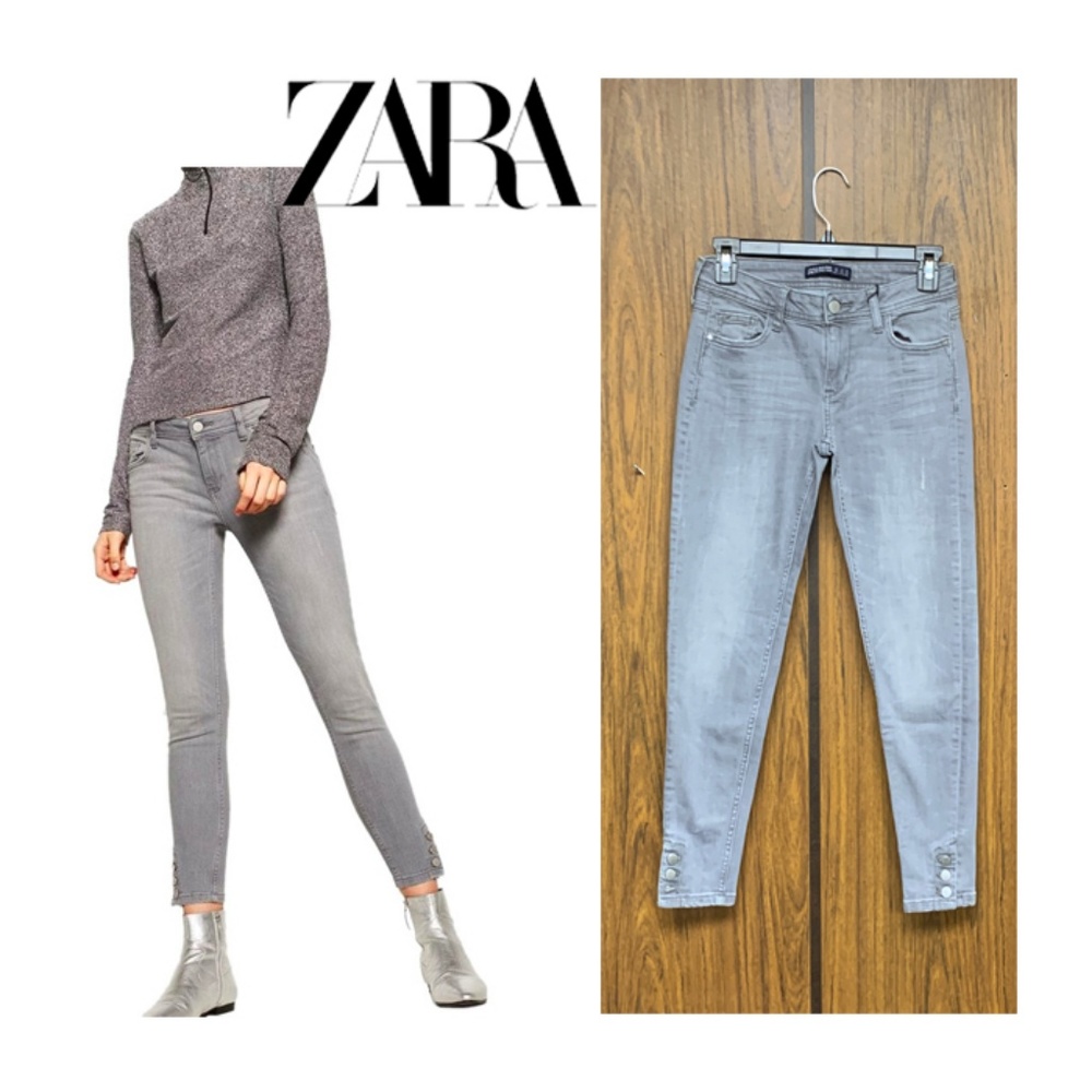 NWT Zara Gray Mid Rise Skinny Jeans Ankle Buttons